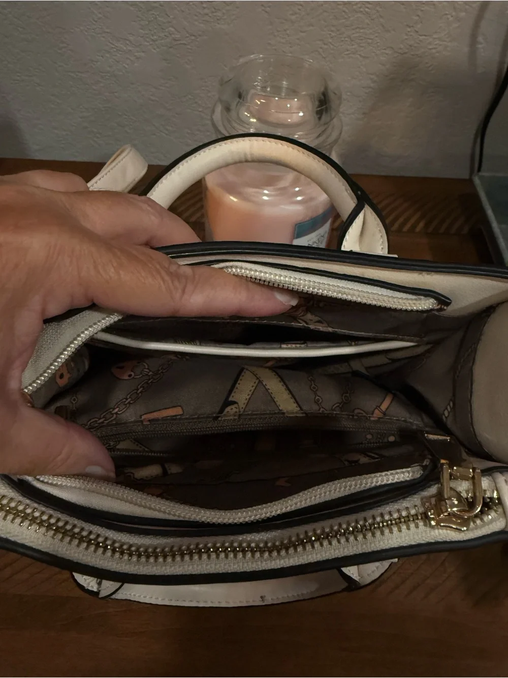 Cream Structured Top-Handle Satchel with Gold Hardware